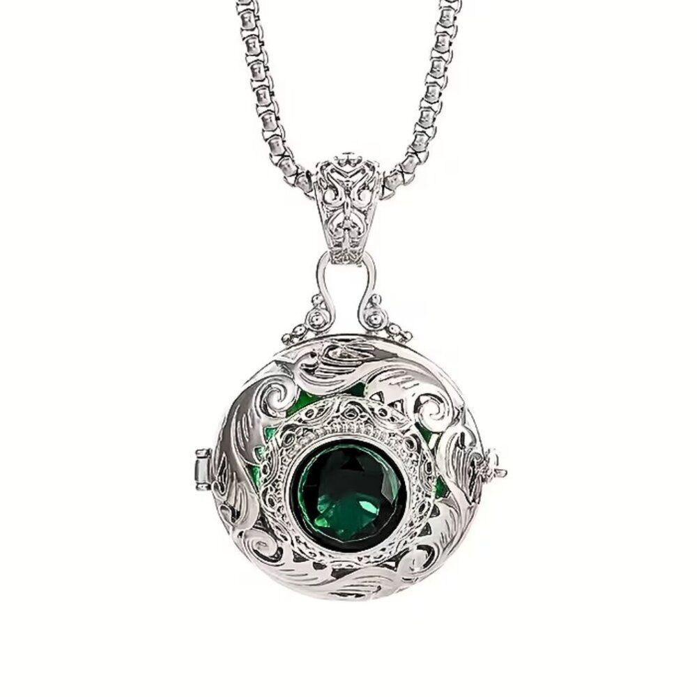 Metaphysical Carved Locket Pendant Necklace Engraved Hollow Emerald Rhinestone